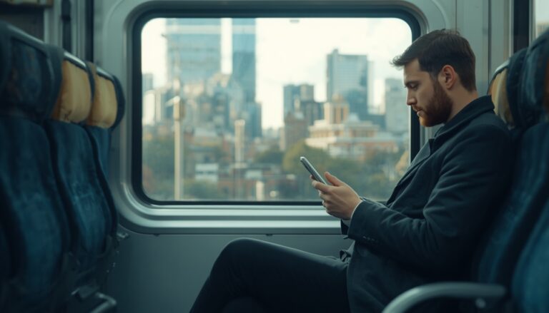 Economizar dados móveis: passageiro usando o celular dentro de um trem