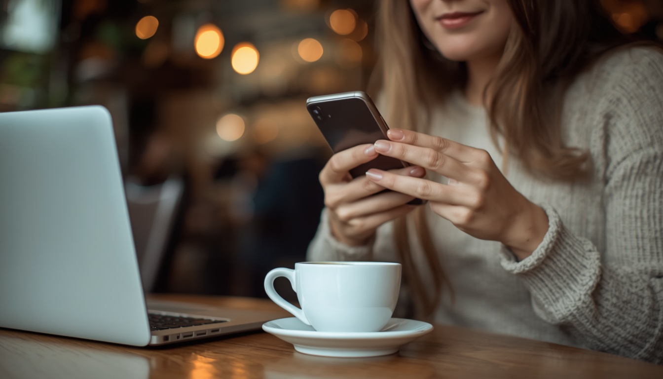 Wi-Fi grátis para poupar dados: mulher com o celular em uma mesa de café