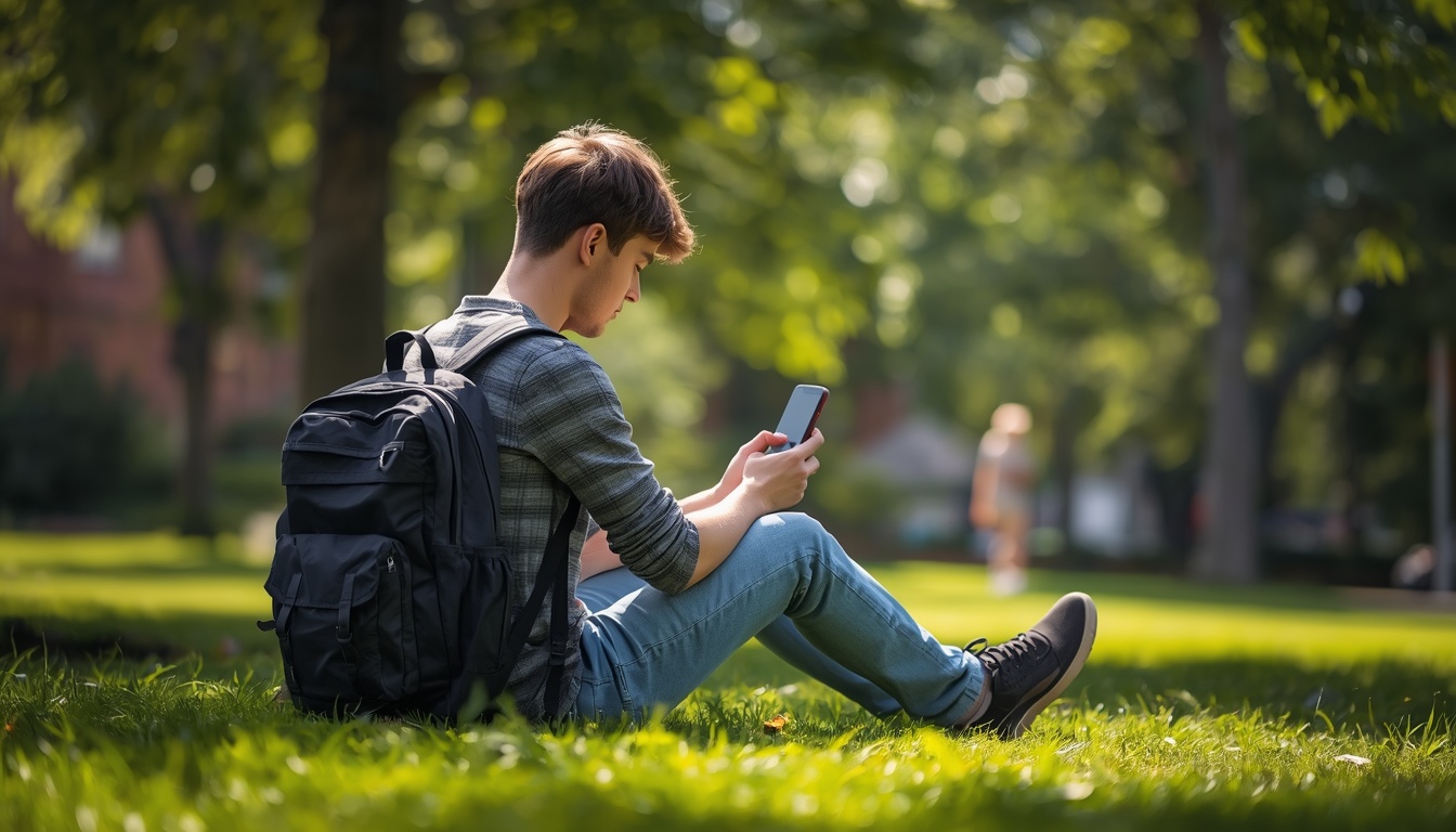 Medidor de dados móveis: estudante usando o celular em um gramado de campus