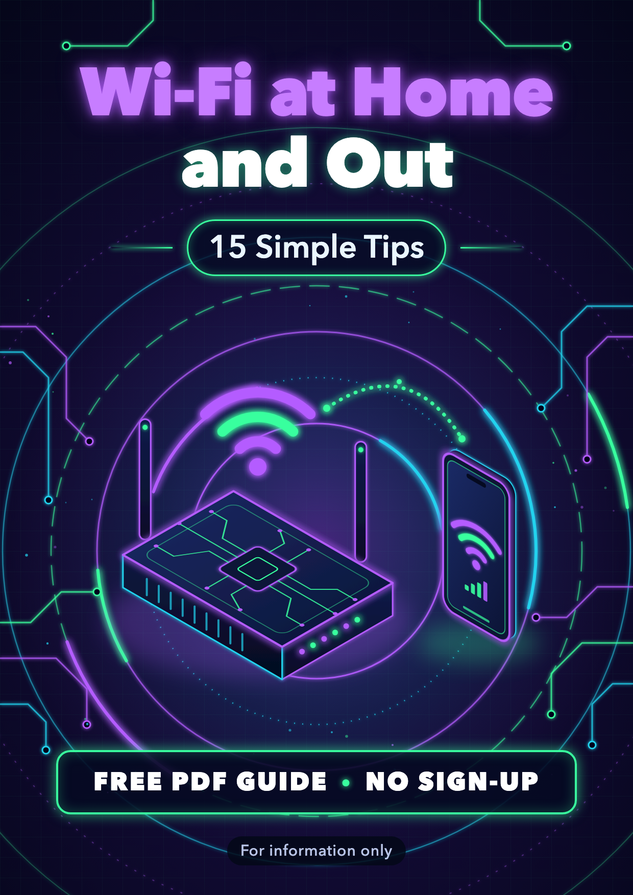 Capa do guia em PDF 15 Dicas de Wi-Fi, versão em inglês, com um roteador azul e roxo brilhante e anéis de sinal sobre fundo escuro