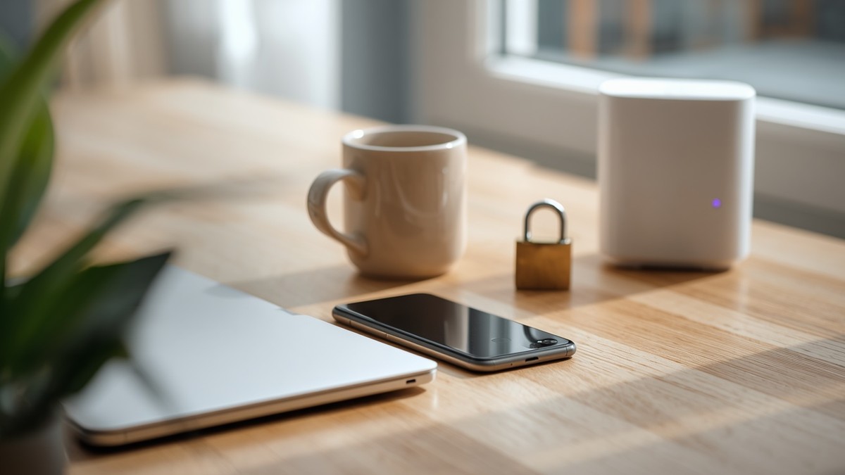 Notebook, celular e um pequeno cadeado de latão sobre uma mesa, ao lado de um roteador, um lembrete para manter a rede segura