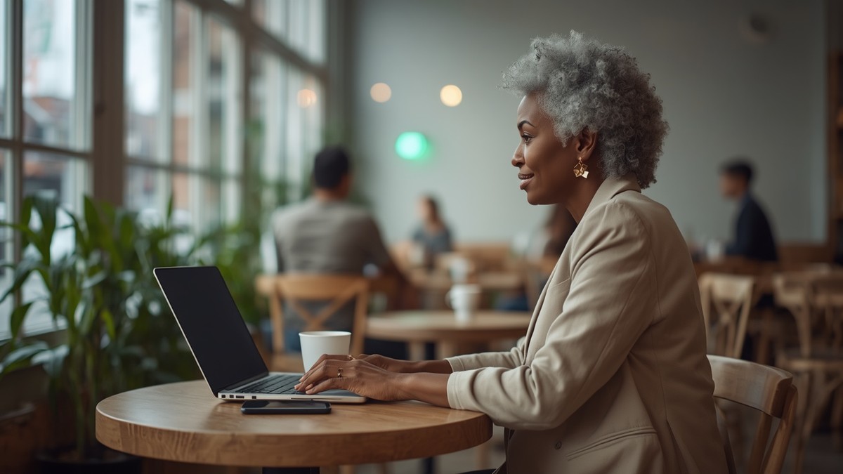 Mulher trabalhando num notebook em uma mesa de café, um lugar comum para usar redes públicas com cuidado