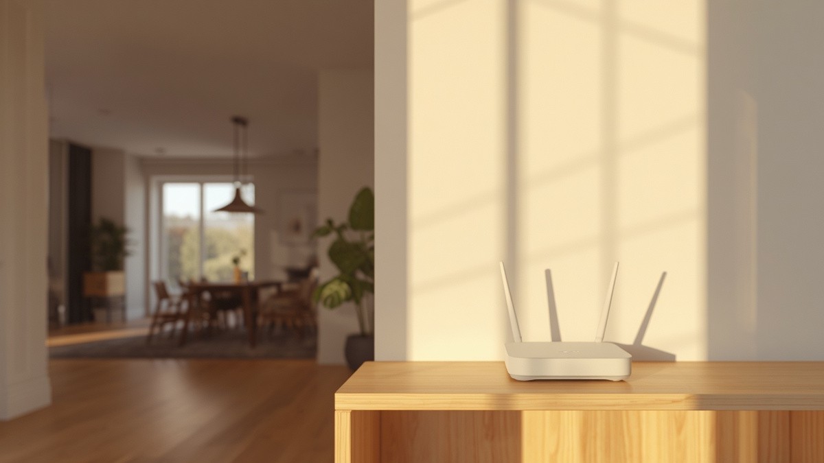 Dica do guia de Wi-Fi: roteador num corredor entre cômodos, em lugar aberto sobre uma prateleira de madeira, com uma sala ampla e uma janela ao fundo