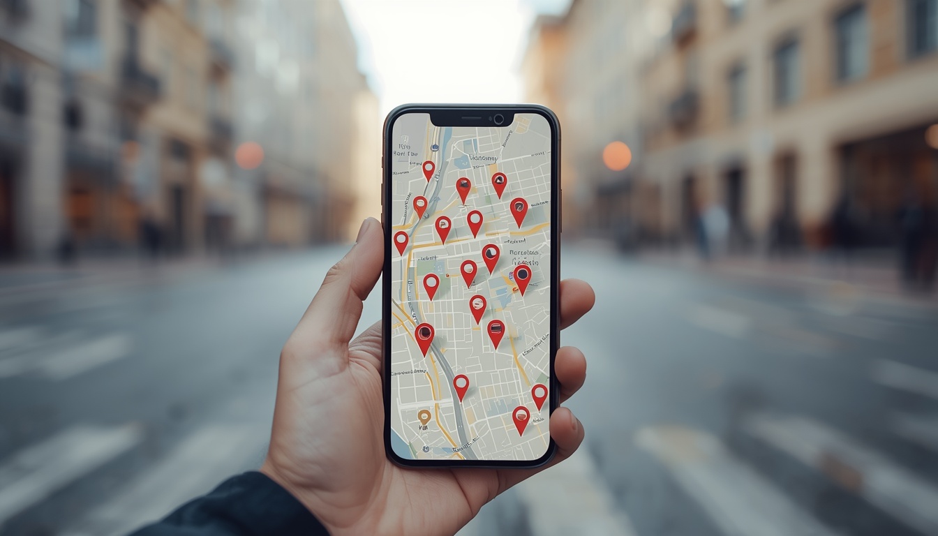 Celular mostrando um mapa da cidade com pinos de hotspots públicos do WiFi Map
