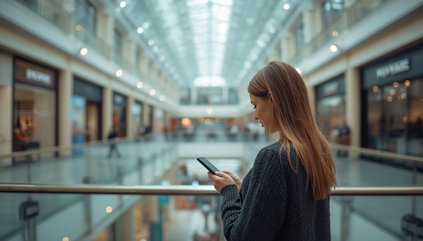 Wi-Fi em shoppings: mulher consultando o celular em um grande corredor de lojas