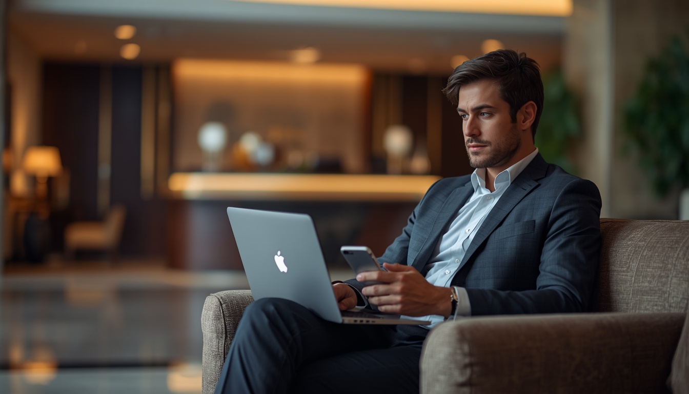 Wi-Fi em hotéis: homem com notebook e celular no sofá do saguão