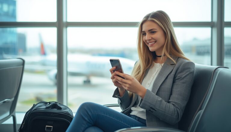 Viajante sorrindo e usando o celular no saguão de um aeroporto