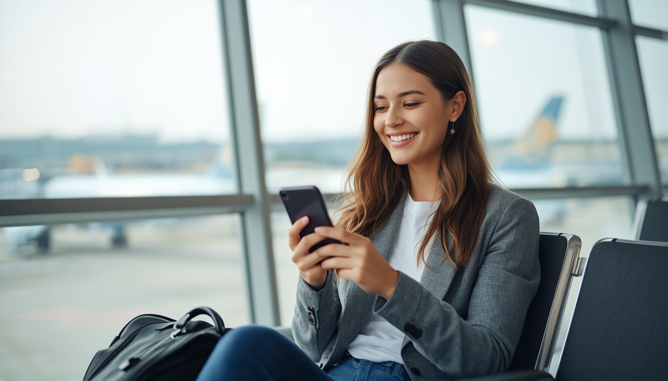 Wi-Fi grátis em viagem: mulher conferindo redes no celular enquanto espera o voo