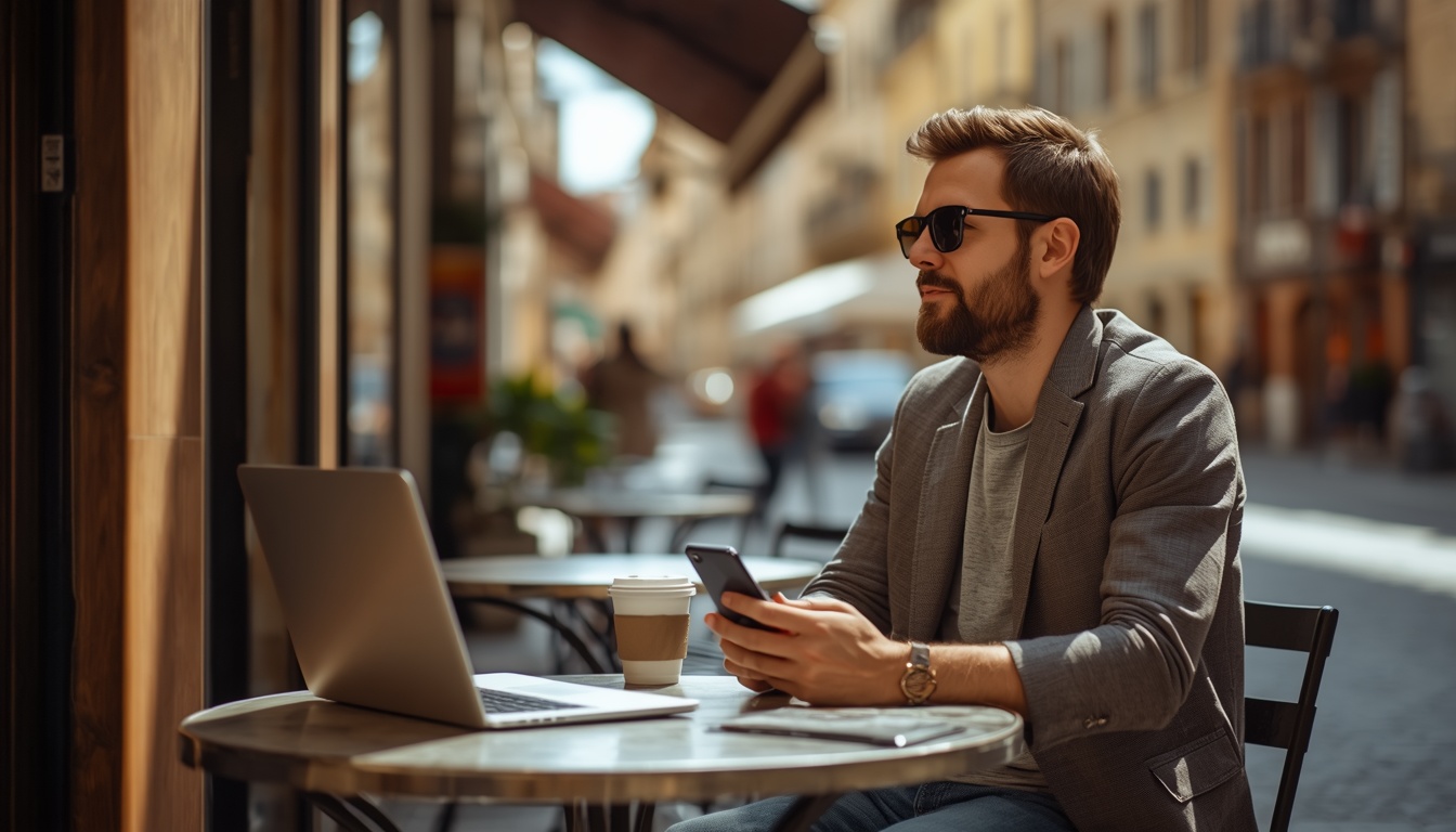 Wi-Fi grátis em viagem: homem usando o celular em uma mesa de café ao ar livre